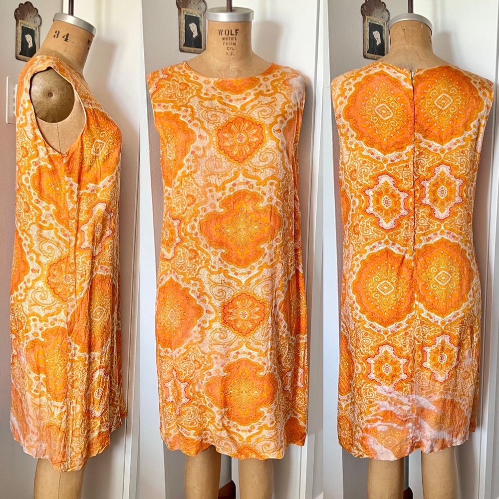 vintage 1960s orange paisley mod shift dress